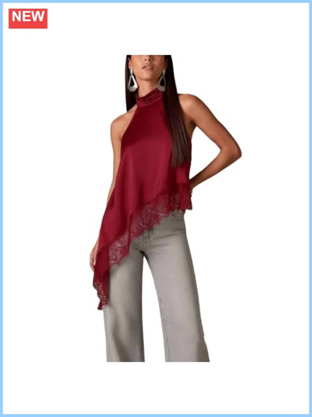 Satin Halter Tank Top Mock Neck Lace Trim Asymmetrical Hem Sleeveless Crop Top